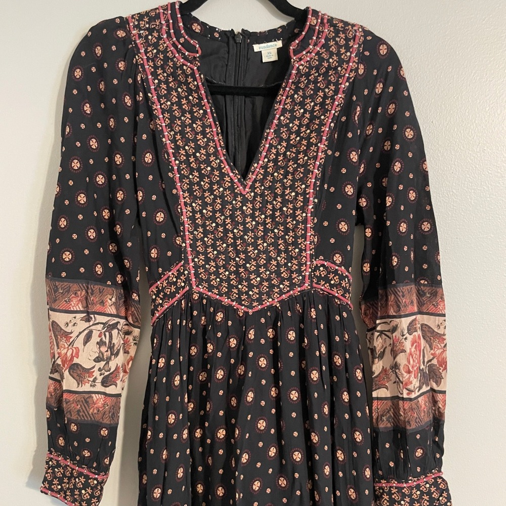 Sundance Maxi Dress Womens XS Black Floral Embroidered Long Sleeve Boho Peasant - Picture 2 of 14